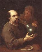 unknow artist A man seated at a table holding a flagon,a servant offering him a glass of wine china oil painting artist